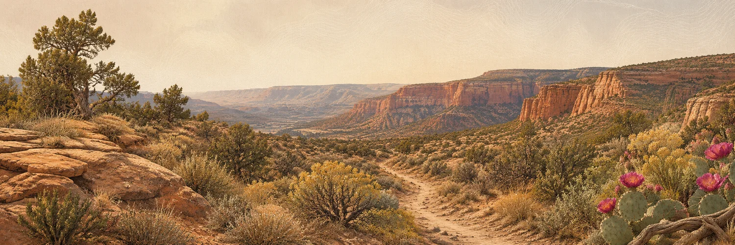 Illustrated desert west of Fruita: singletrack and the rim of Colorado National Monument