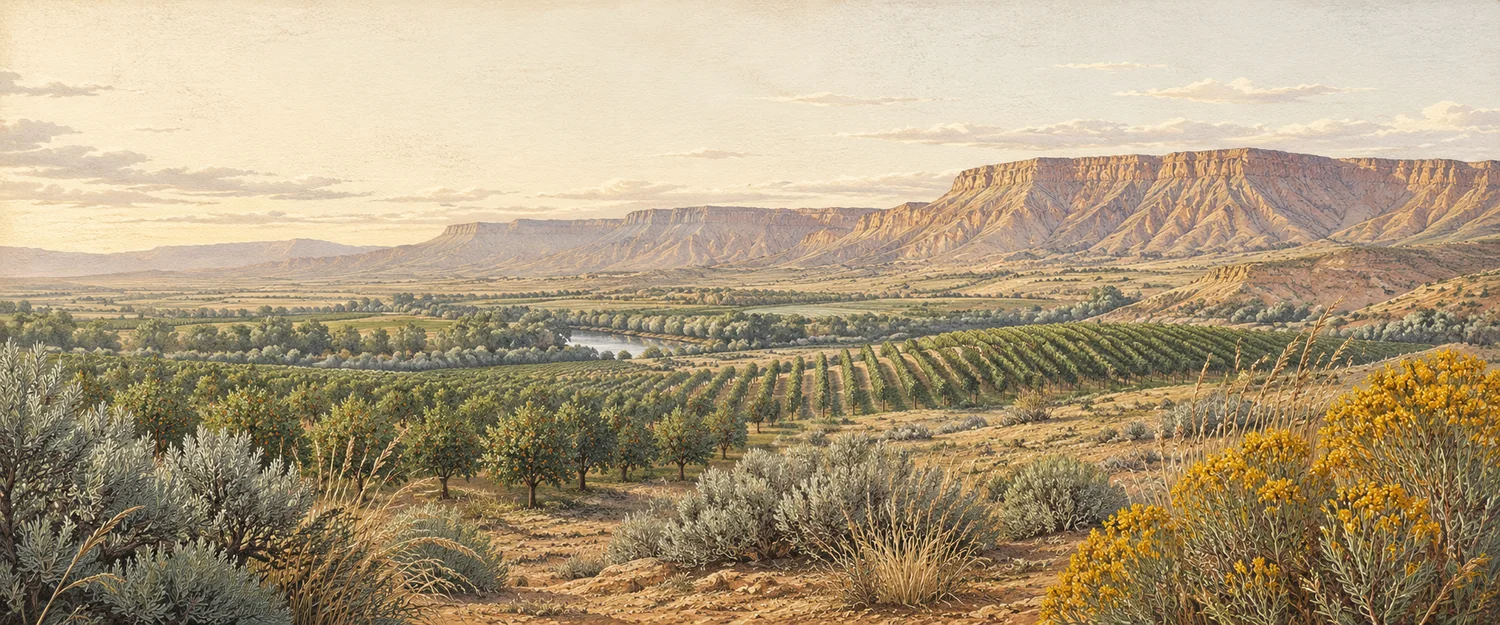 Illustrated Palisade: orchards and vineyard rows beneath the Book Cliffs