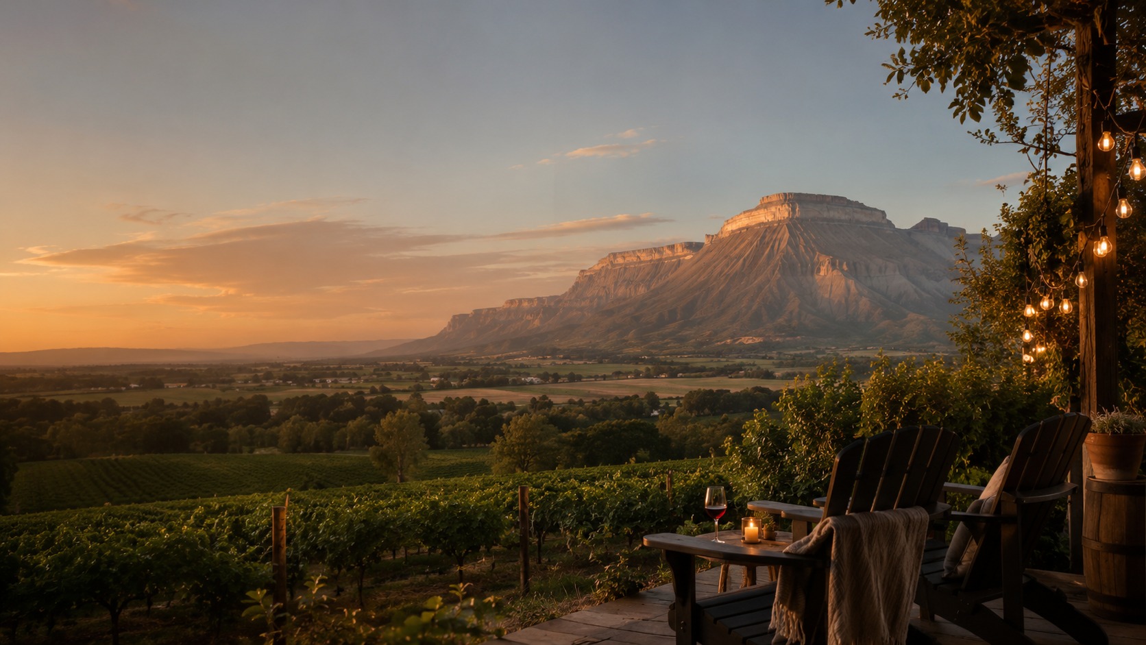 Adirondack chairs on a vineyard patio overlooking Mount Garfield at sunset