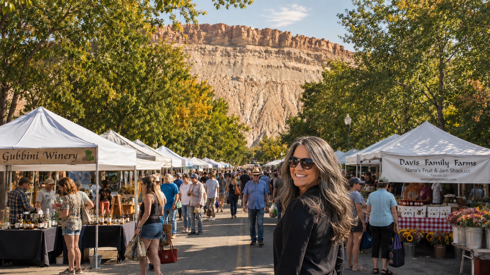 Shelley at the Palisade farmers market with winery and farm-stand tents and Mount Garfield rising behind