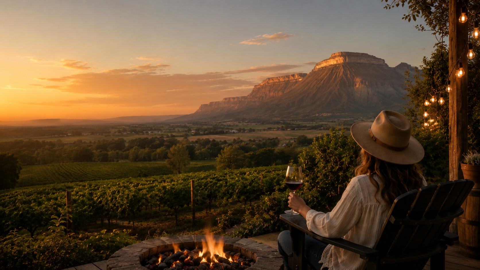 Woman with a glass of wine watching the sunset over a Palisade vineyard, with Mount Garfield in the distance